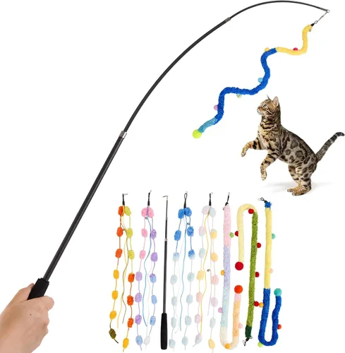 Juguete de varita para gatos, 8 piezas retráctiles de felpa Srtip para gatos, juguetes con campana y cuerda, juguetes interactivos largos para
