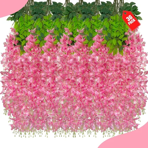 Miniatura 61 de Paquete de 12 flores colgantes de glicina rosa, flores colgantes falsas de 3.44 pies, guirnalda de glicina artificial para decoración de boda, telón