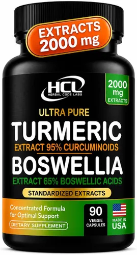 Suplemento de extracto de boswellia de cúrcuma 2000 mg - Boswellia Serrata extra fuerte con curcumina de cúrcuma - 95% curcuminoides con cápsulas de