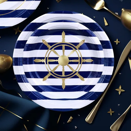 Miniatura 4 de Suministros náuticos para fiesta de cumpleaños para 20 invitados, platos marineros azul marino y dorado, servilletas, tazas y cubiertos, brújula