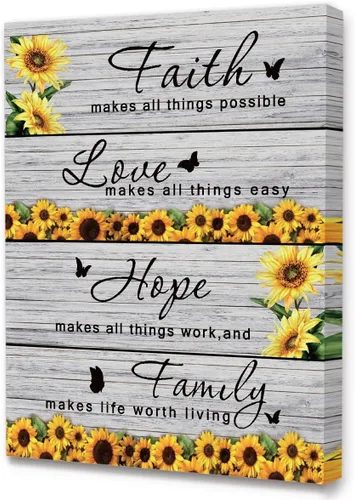 Arte de Pared Moderno Rústico Faith Hope Family Girasol Marco Lienzo, Pintura en Lienzo de Arte de Pared Motivacional para Decoración del Hogar
