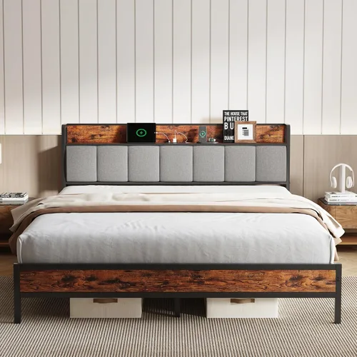Miniatura 11 de Novilla Base de cama Queen con estación de carga USB/tipo C y cabecera de almacenamiento, marco de cama de plataforma de metal moderno, fácil
