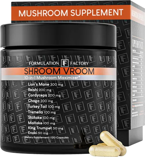Formulation Factory Shroom Vroom Suplemento de hongos 10 en 1, melena de león, reishi, cordyceps, chaga, cola de pavo, tremella, shiitake, maitake,