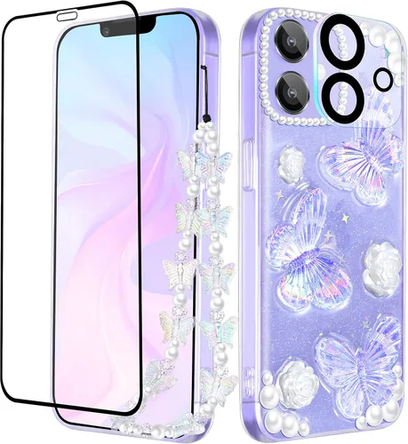 Miniatura 7 de Funda 3 en 1 para iPhone SE/7/8: diseño de mariposa 3D, purpurina, brillante, cristal, estilo lindo femenino, cadena y protector de pantalla