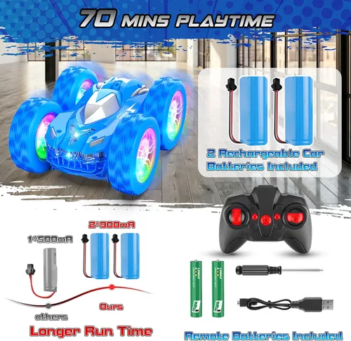 Miniatura 7 de Wupuaait Auto a control remoto para niños, autos de acrobacias a control remoto, juguetes para niños de 4 a 7 años con patrón de doble cara y flash