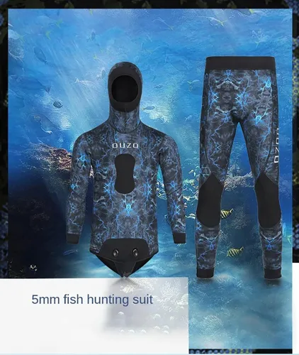 Miniatura 4 de 5MM Traje de Neopreno para Pesca Submarina con Capucha, 2 Piezas de Manga Larga, Traje de Buceo de Cuerpo Completo de Camuflaje para Aguas Frías
