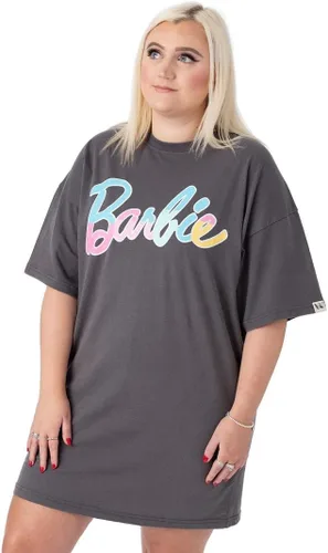 Barbie Vestido de camiseta de gran tamaño para mujer, traje de manga corta con logotipo de arcoíris pastel para mujer, camiseta gráfica gris carbón