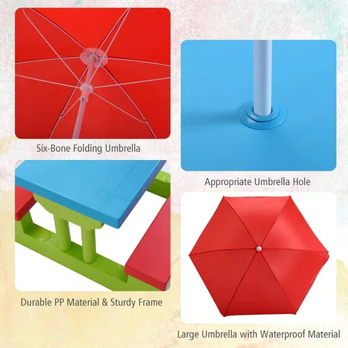 Miniatura 6 de KOTEK Juego de mesa de picnic para niños, mesa y banco para niños al aire libre con paraguas extraíble, muebles de plástico para niños, mesas