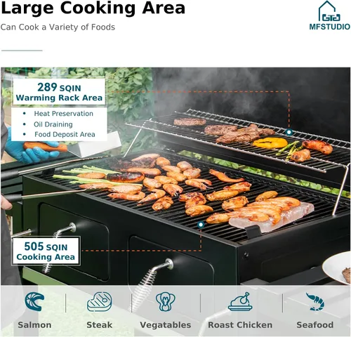 Miniatura 2 de MFSTUDIO Parrilla de carbón para barbacoa multifuncional extra grande de 49 pulgadas con control de temperatura, mesa auxiliar y bandeja de cenizas