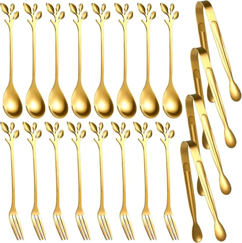 Miniatura 9 de Sieral 10 cucharas de café de hojas, mini pinzas para servir y tenedores de aperitivo, pinzas de acero inoxidable, cucharas de postre, tenedores
