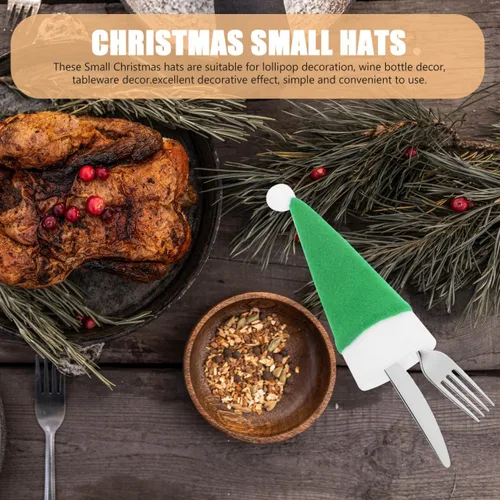 Miniatura 4 de Angoily 10 piezas de mini sombreros de Papá Noel de Navidad, soportes para cubiertos con bolsillos, tapas de botellas de vino, tapas de piruleta