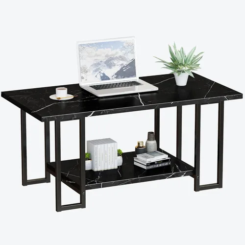 Miniatura 7 de AWQM Mesa de Centro de Mármol, Mesa de Centro Rectangular con Superficie de Mármol Sintético y Marco de Metal Negro, Mesa de Sala de 2 Niveles