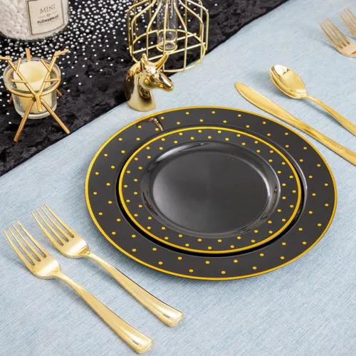 Miniatura 5 de DaYammi 200 platos de plástico dorado y negro con cubiertos, platos desechables negros para fiestas, suministros de oro negro, incluye 40 platos