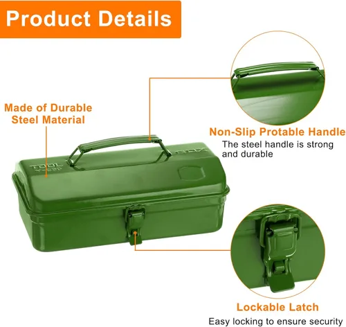 Miniatura 4 de HARFINGTON Caja de Herramientas 11.4" Caja de Herramientas de Acero Portátil Estilo Techo a Dos Aguas con Cierre de Pestillo Metálico Cofre de Verde