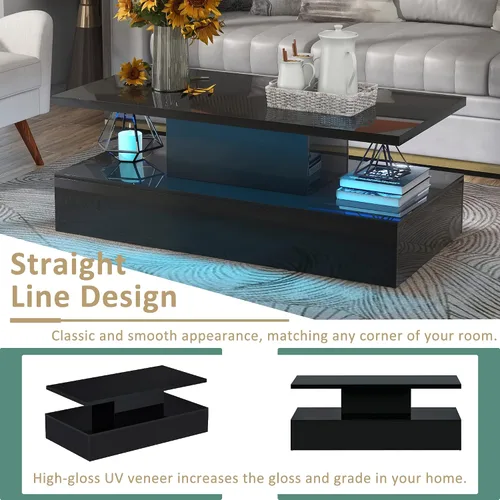 Miniatura 5 de Quarte Mesa de centro de estilo moderno de 2 niveles con iluminación LED de 16 colores, mesa de cóctel con control remoto y gran lugar