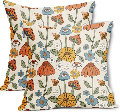 Juego de 2 fundas de almohada retro bohemias, florales, amarillas y naranjas, de 16 x 16 pulgadas, estilo vintage de los años 70, con bonitos hongos