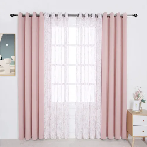 Miniatura 24 de BONZER Cortinas para Mezclar y Combinar - 2 Piezas de Cortinas Transparentes con Estampado de Ramas y 2 Piezas de Cortinas Opacas para Dormitorio