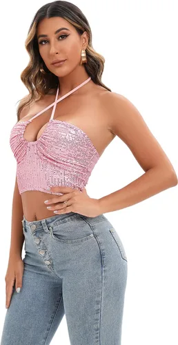 Miniatura 4 de ELQUCHOU Women Going Out Shiny Sexy Cute Metallic Sequin Crop Top Lace Up Halter