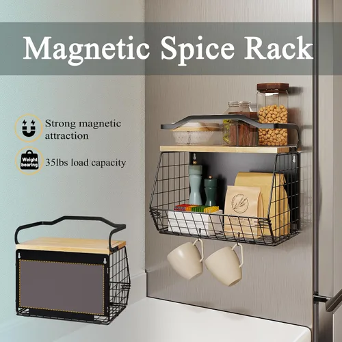 Miniatura 2 de Mefirt Estante Magnético para Refrigerador con Tapa de Madera, Cesta de Frutas Resistente, Contenedores de Almacenamiento de Frutas, Papas