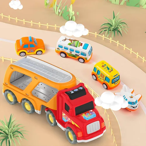 Miniatura 7 de Veslier Juguetes de Autos para Niños Pequeños para Niños y Niñas de 2-4 3-5 Años, 5 en 1 Vehículo Transportador de Vehículos Urbanos, Autos