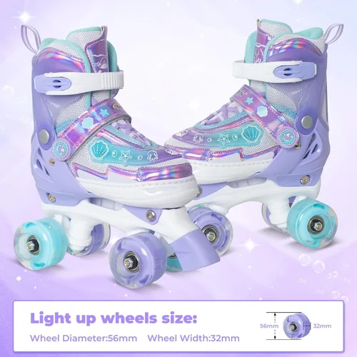 Miniatura 6 de MammyGol Patines de Ruedas para Niñas Niños, 4 Tamaños Ajustables Patines Cuádruples para Niños Pequeños Interiores Exteriores Edades 3-8, Rosa Azul