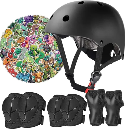 Miniatura 20 de Juego de casco de bicicleta para niños, certificado CPSC con rodilleras, coderas, muñequeras, casco negro ajustable para niñas de 2-3-5-8 años