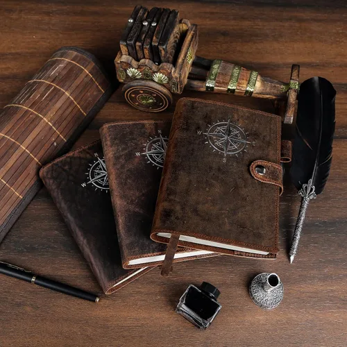 Miniatura 7 de Diario de cuero para hombres y mujeres – Cuaderno de cuero de brújula forrado recargable de alta calidad con bolígrafo, ranura para monedas