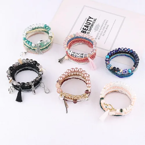 Miniatura 9 de iYours 6 juegos de pulseras bohemias multicapa con borlas hechas a mano, pulseras envolventes para mujer, Sin gemas.