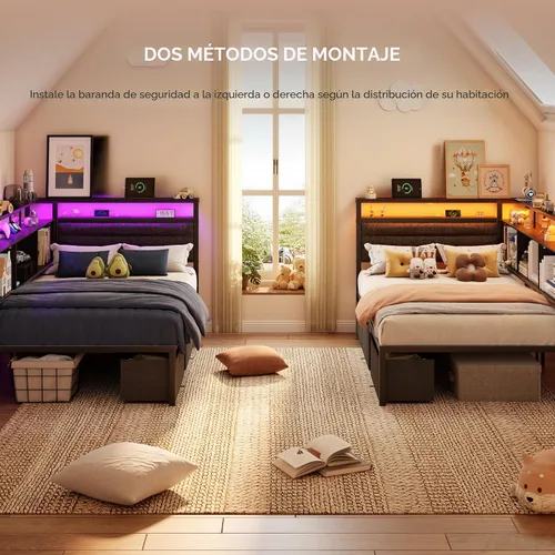 Miniatura 3 de OURPIC Marco de cama esquinero con estantería de almacenamiento y luces LED, marcos de cama de tamaño individual con cabecera tapizada y estación