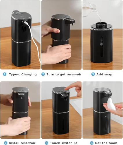 Miniatura 6 de Dispensador automático de jabón espumoso sin contacto, dispensador de jabón de manos inteligente recargable por USB, 9 niveles ajustables, 13.5 Negro