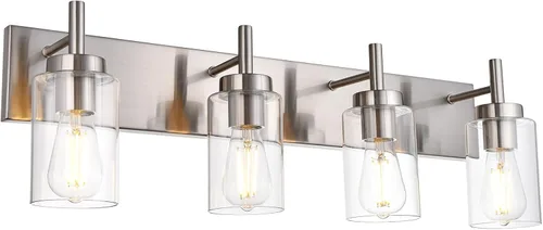 Miniatura 10 de Lámpara de tocador para baño, níquel cepillado, 3 luces, moderna lámpara de pared con pantalla de vidrio transparente, lámpara de pared rústica