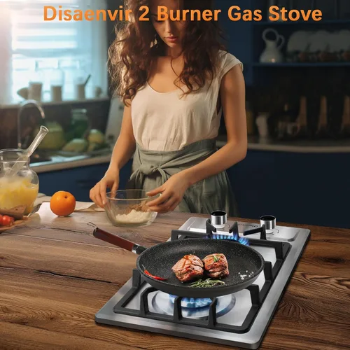 Miniatura 3 de Cocina de gas de 2 quemadores de propano - Estufa de gas de acero inoxidable de 12 pulgadas para combustible dual LPG/GN, quemador de gas portátil