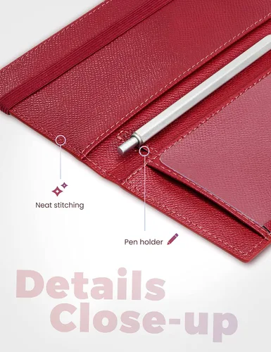 Miniatura 111 de Yarnic Funda para chequera personal, soporte para chequera con soporte para bolígrafo y divisor de plástico transparente integrado para cheques Rosa