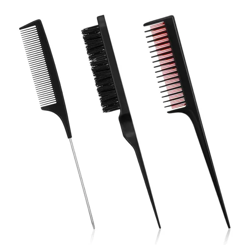 Patelai Juego de 3 peines para peinar el cabello para mujer, cepillo para burlas/esponjoso, peine de cola de rata y peine triple (negro)