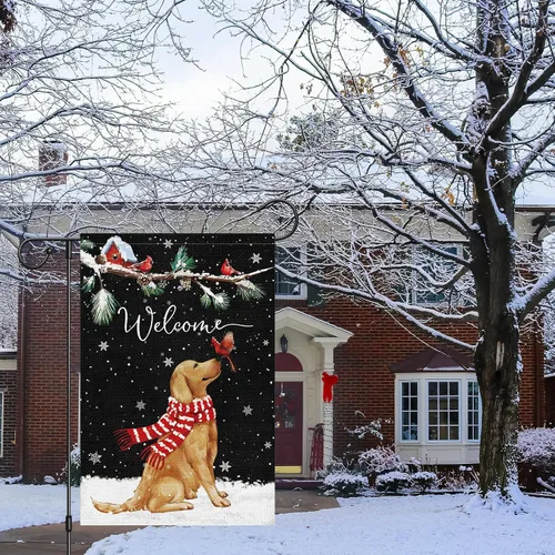 Miniatura 7 de Bandera de jardín de bienvenida de invierno de 12 x 18 pulgadas de arpillera de doble cara, pancarta de patio con perro Golden Retriever y cardenal