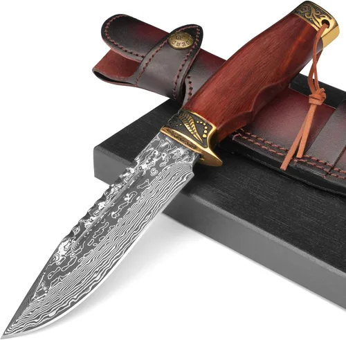 DRACHENADER Cuchillo de caza VG10 Damasco de 10.6 pulgadas, hecho a mano, hoja fija de 67 capas con transporte horizontal, regalo ideal para hombres