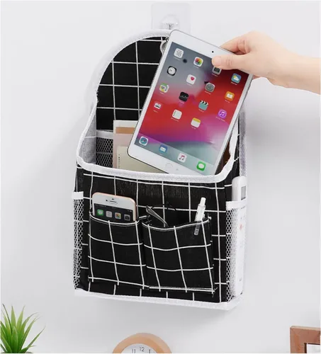 Miniatura 6 de FuninCrea Bolsa de almacenamiento para colgar en la pared, organizador de lino a cuadros blanco y negro, para montar en la pared, sin perforaciones