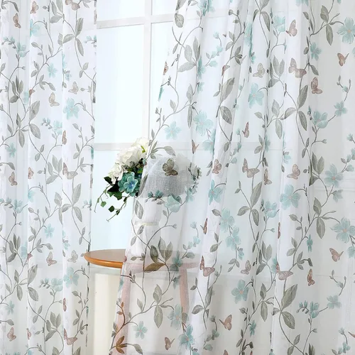 Miniatura 2 de Tollpiz - Cortinas cortas de gasa con estampado floral, con diseño de mariposas y flores azules, cortina de media ventana con bolsillo para barra