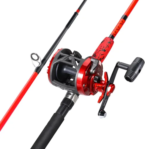 Sougayilang Combo de Carrete Convencional y Caña de Pescar de Fibra de Vidrio, Media Pesada para Pesca de Bagres Rojo-6FT-3000