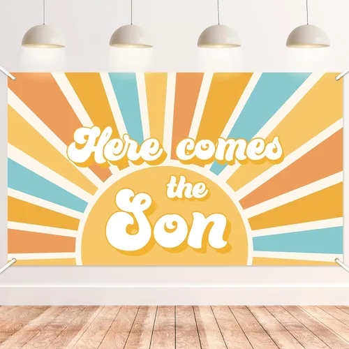 Here Comes The Son - Telón de fondo para baby shower, estilo bohemio, retro, apagado, amanecer, decoración para colgar en la pared, fiesta de