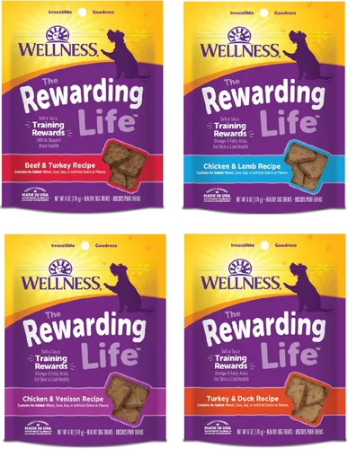 Petlewa Wellness-Wellbites - Golosinas suaves naturales sin granos, 4 sabores (carne de res y pavo, pollo y venado, pollo y lámpara, pavo y pato) 6