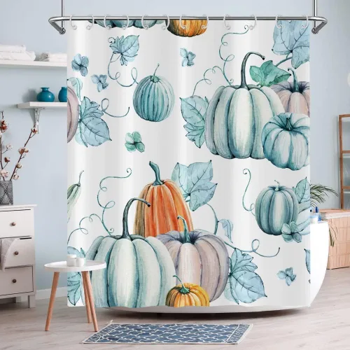 Miniatura 15 de Cortina de ducha de calabaza otoñal, cosecha de otoño, cortina de baño de calabaza azul amarilla de Acción de Gracias, decoración de bañera