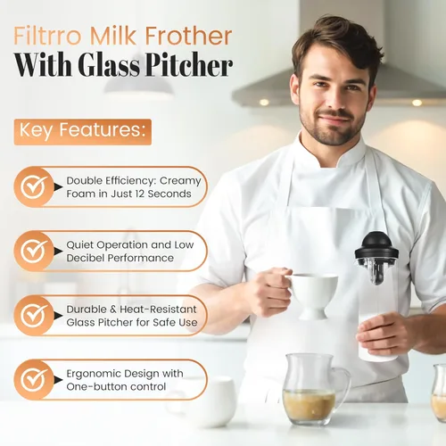 Miniatura 2 de Espumador de leche con jarra de vidrio, espumador de mano que funciona con pilas, fabricante de espuma para café, café con leche, capuchino