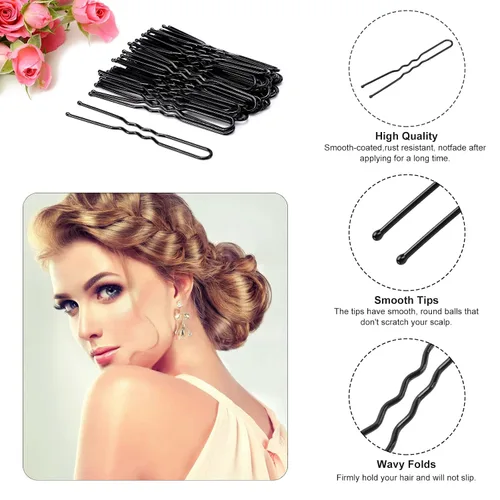 Miniatura 3 de Cehony Horquillas en forma de U, 200 unidades para mujeres, señoras, niñas, horquillas históricas francesas, horquillas para peinar el cabello, Negro