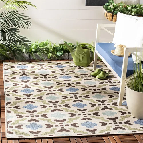 Miniatura 12 de SAFAVIEH Alfombra lavable al aire libre Veranda Collection – Alfombra de pasillo de 2 pies 3 x 8 pies, color crema y aguamarina, no desprende pelusa
