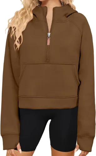 POGTMM Sudadera corta con media cremallera para mujer, con forro polar, con cremallera de un cuarto, sudadera atlética de moda, trajes de invierno
