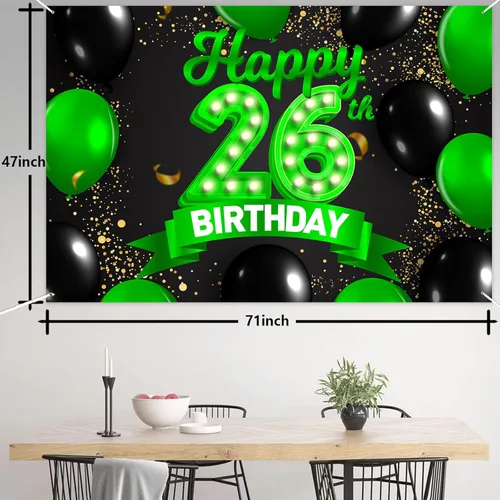 Miniatura 2 de Cartel de feliz cumpleaños 26 verde y negro, telón de fondo con texto en inglés "Cheers to 26 years old confeti", globos de confeti, decoración