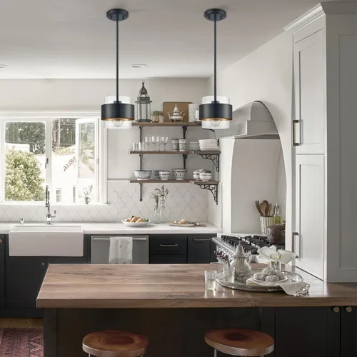 Miniatura 5 de CLAXY Luces colgantes para isla de cocina, barra negra, lámpara colgante de cocina, pantalla cilíndrica de vidrio transparente Sombra