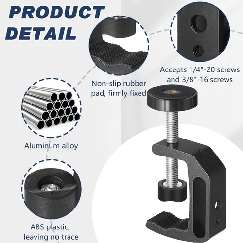 Miniatura 3 de Hicarer Abrazadera universal C con orificio de rosca de 1/4 y 3/8 pulgadas, abrazadera de soporte de aluminio para mesa de escritorio, soporte