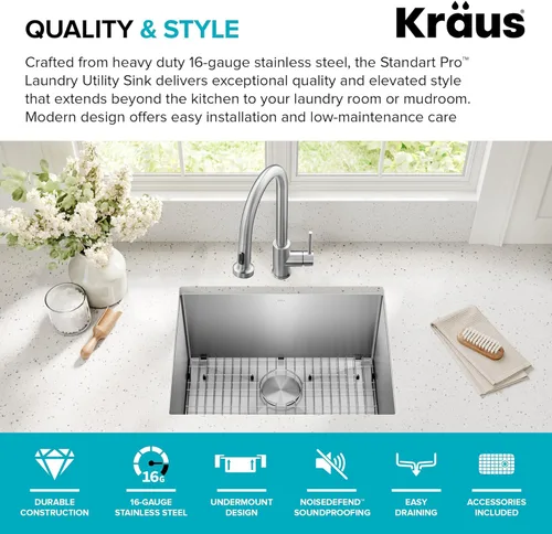 Miniatura 4 de Kraus KHU101-24L Standart PRO Fregadero de Una Sola Cubeta para Instalación Inferior de 24 pulgadas, Calibre 16, para Lavandería y Utilidad, 24